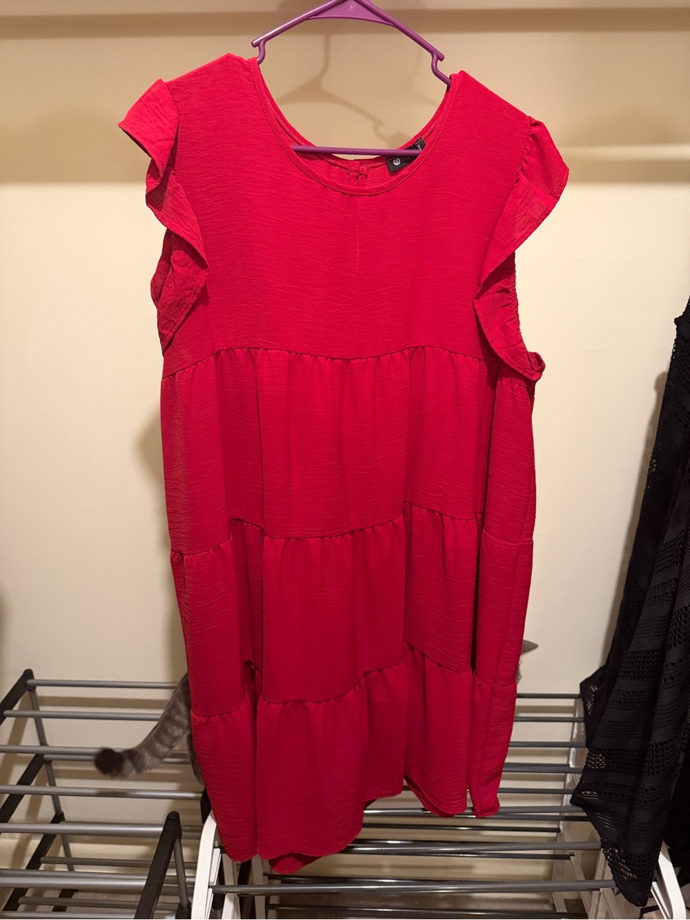 Bright Red Tiered Ruffle Sleeve Casual Dress